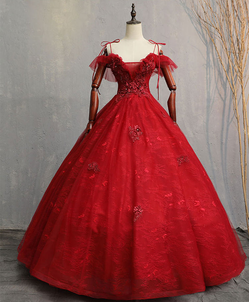 Burgundy Sweetheart Tulle Lace Long Prom Gown, Lace Formal Dress