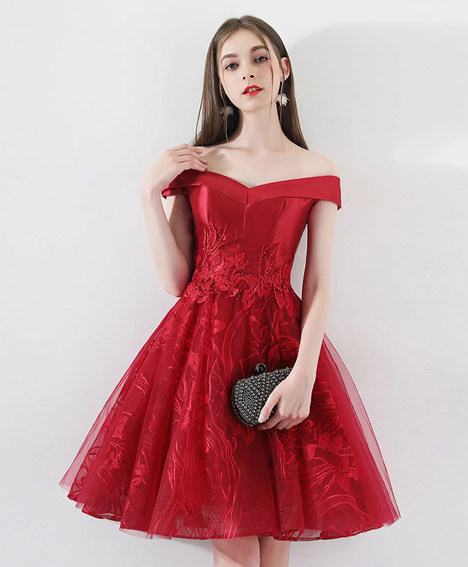 Burgundy Lace Tulle Short Prom Dress, Burgundy Homecoming Dress