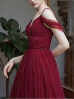 Simple Burgundy V Neck Tulle Long Prom Dress, Burgundy Bridesmaid Dress
