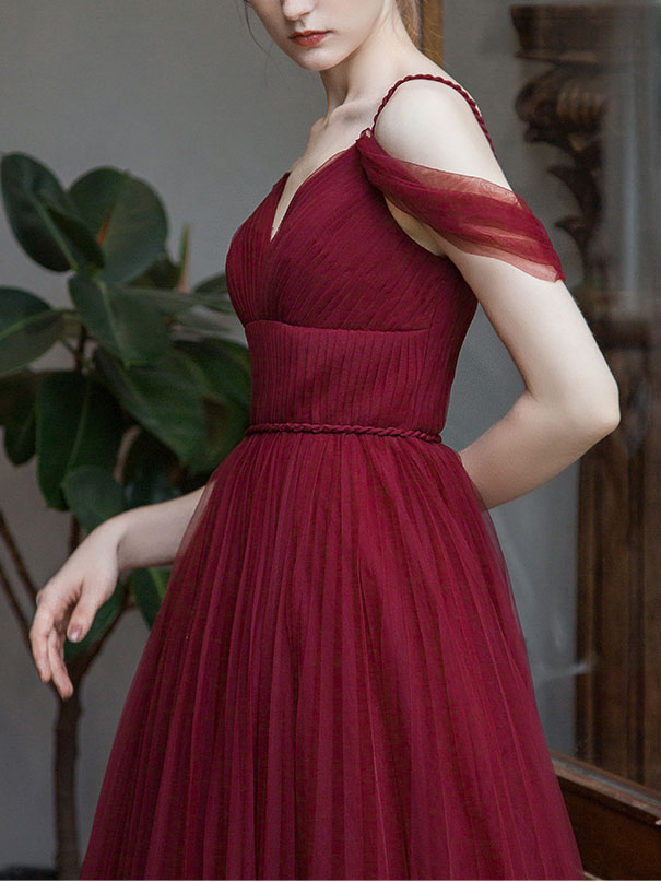 Simple Burgundy V Neck Tulle Long Prom Dress, Burgundy Bridesmaid Dress US 6 / Custom Color Simple Burgundy V Neck Tulle Long Prom Dress, Burgundy Bridesmaid Dress US 6 / Custom Color