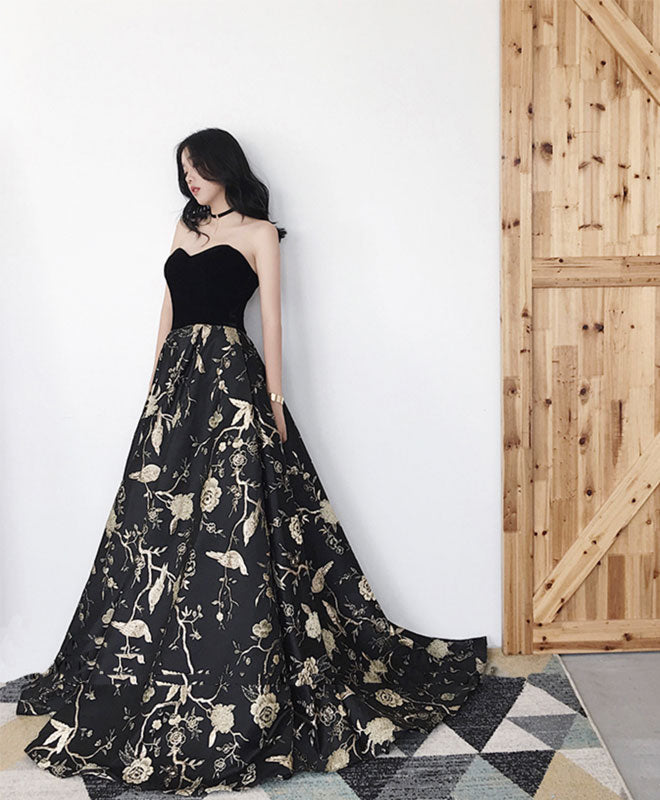Elegant Black Sweetheart Long Prom Dress, Black Evening Dress