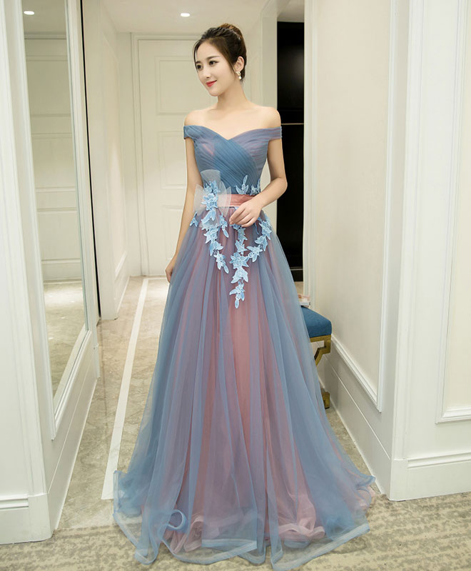Gray Blue Tulle Off Shoulder Long Prom Dress, Gray Blue Evening Dress