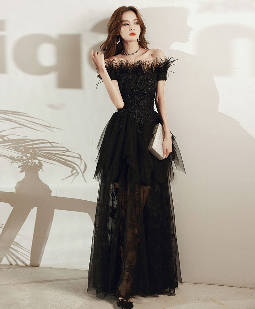 Black Tulle Lace Long Prom Dress, Black Formal Lace Evening Dress