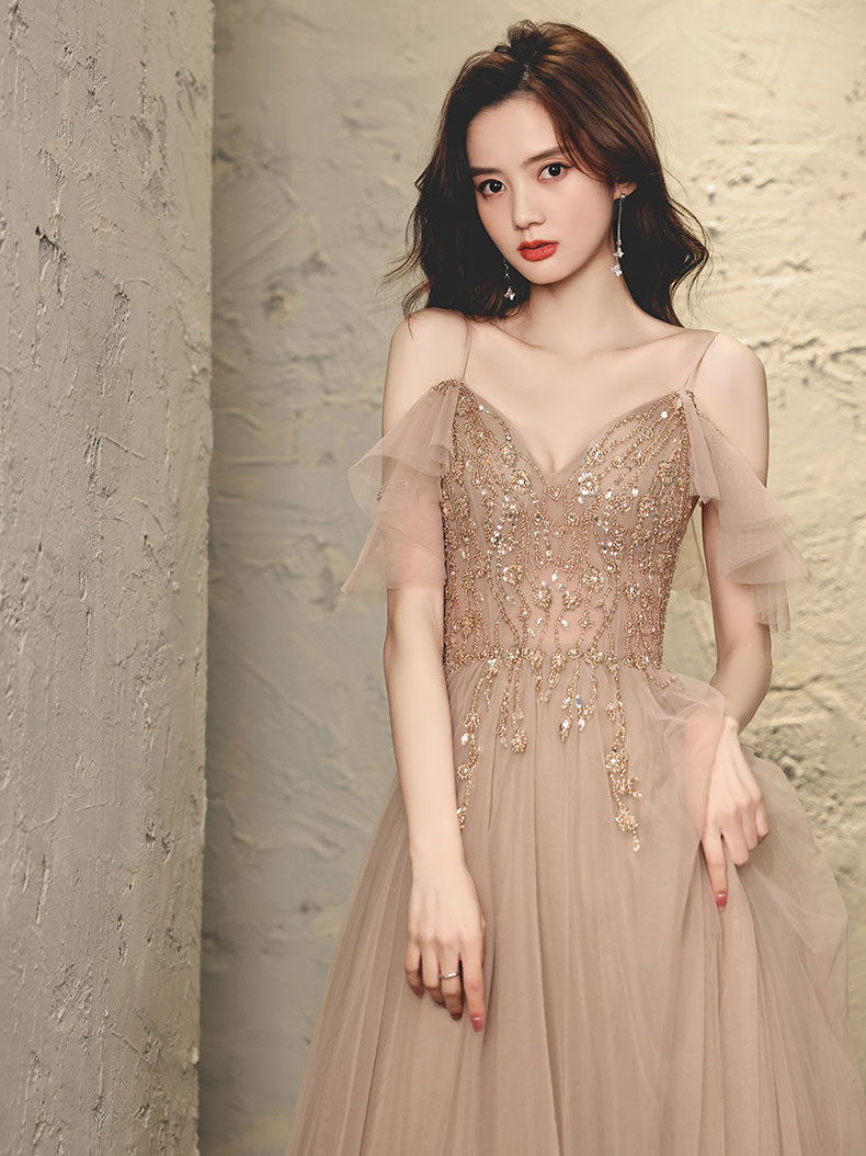 Champagne V Neck Tulle Beads Long Prom Dress, Champagne Evening Dress