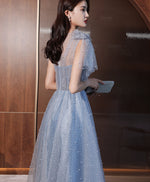 Blue One Shoulder Tulle Long Prom Dress Blue Tulle Formal Dress