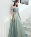 Green Aline Tulle Long Prom Dress, Green Formal Graduation Dress with Applique