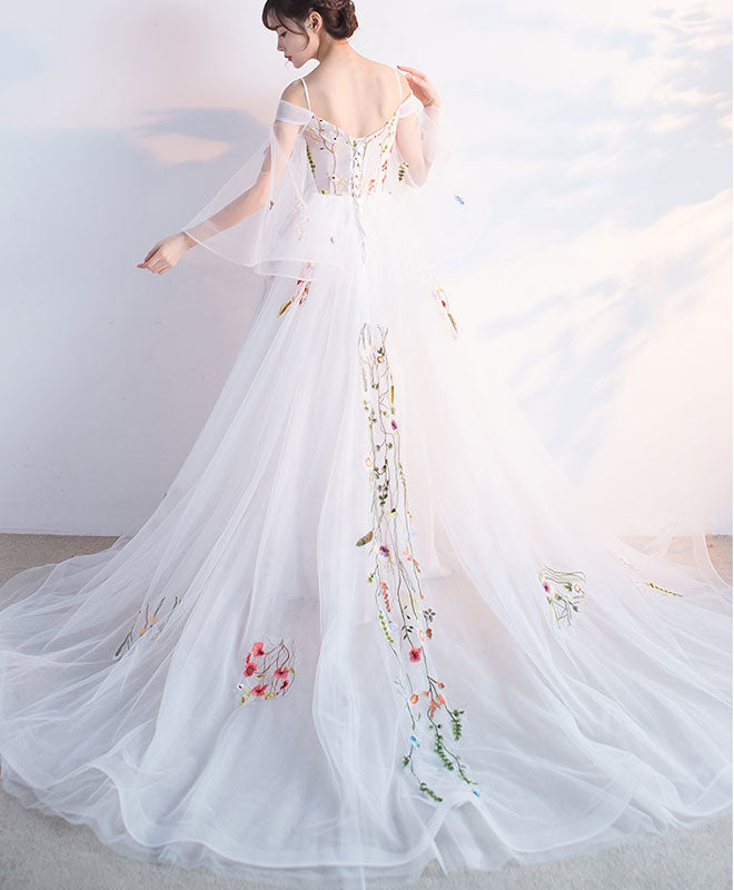 White Tulle Applique Long Prom Dress, White Evening Dress