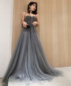 Gray Tulle Sequin Long Prom Dress Gray Tulle Formal Dress