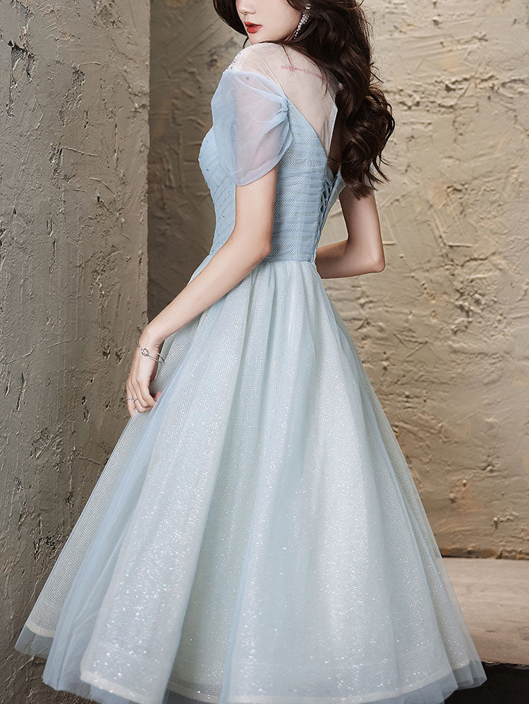 Blue Round Neck Tulle Short Prom Dress, Blue Homecoming Dress