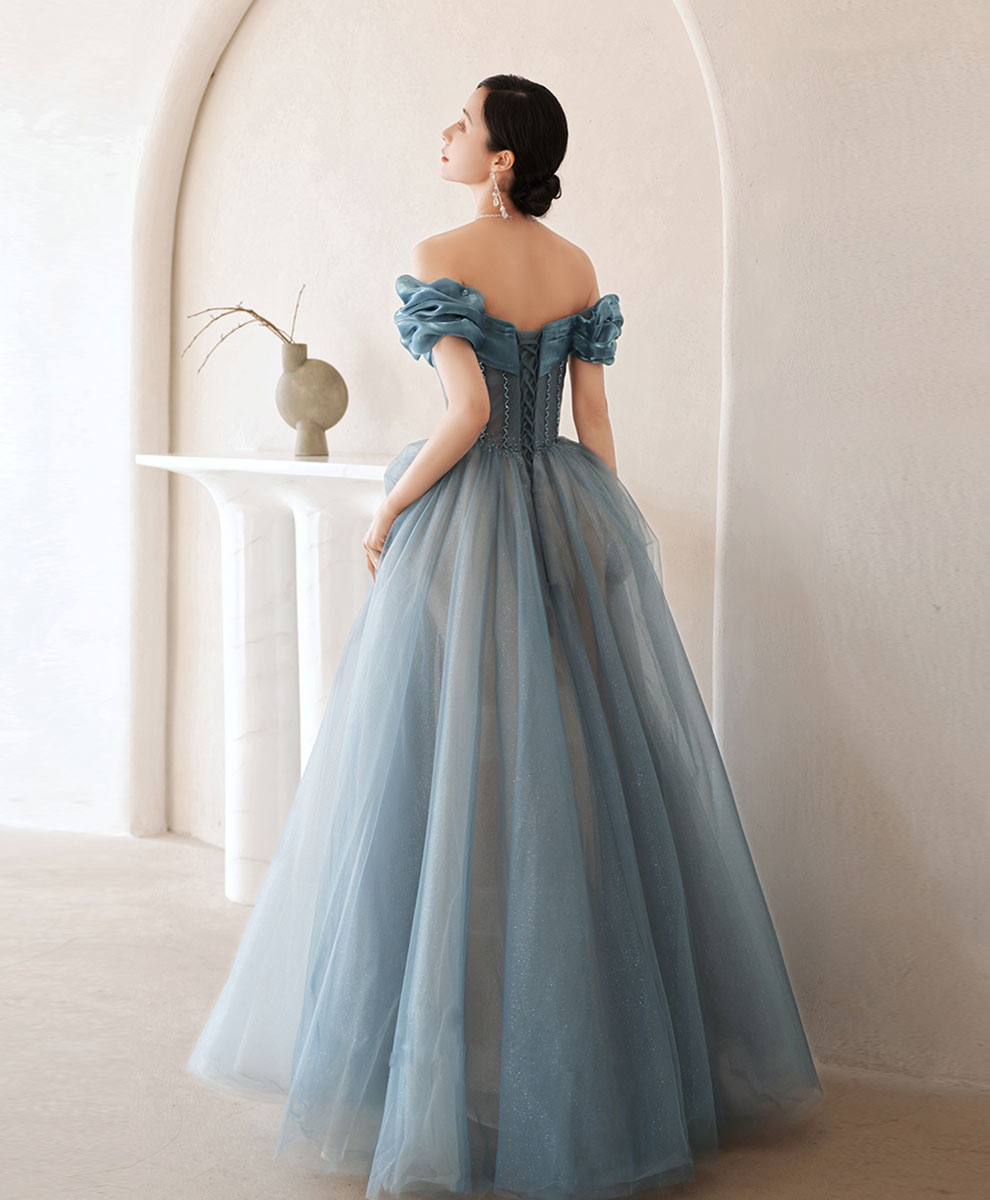 Blue Sweetheart Off Shoulder Tulle Long Prom Dress Blue Formal Dress