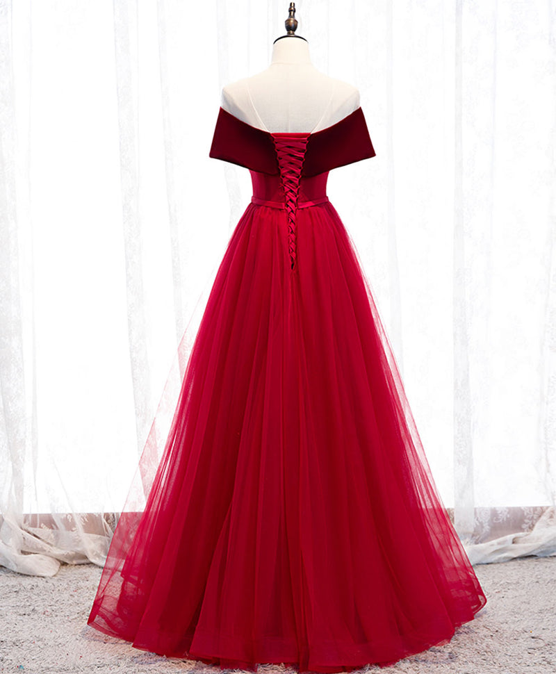 Burgundy Tulle Off Shoulder Long Prom Dress Burgundy Formal Dress
