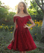 Burgundy Tulle Lace Short Prom Dress, Burgundy Bridesmaid Dress