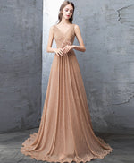 Unique Gold V Neck Tulle Long Prom Dress, Gold Tulle Evening Dress