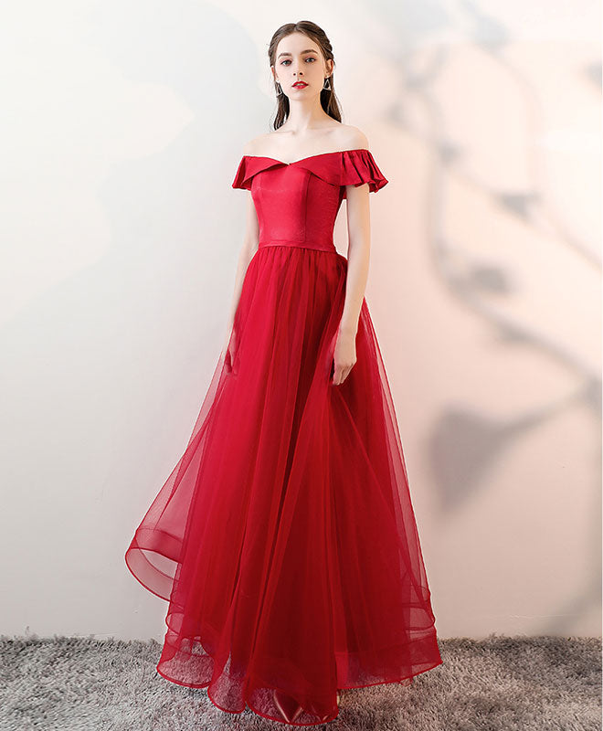 Simple Burgundy Tulle Long Prom Dress, Burgundy Tulle Evening Dress
