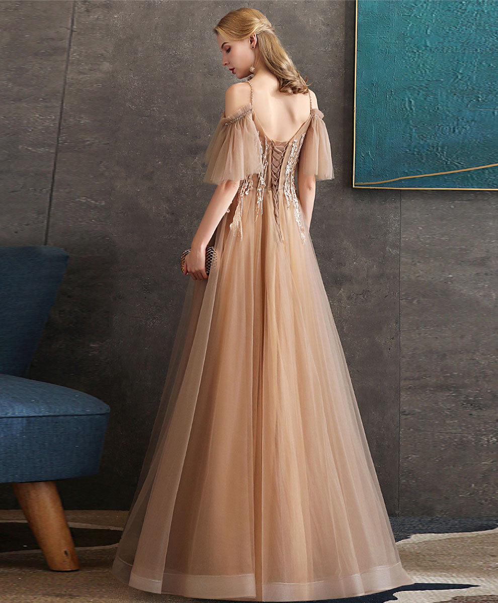 Champagne Tulle Lace Long Prom Dress Tulle Formal Dress