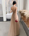 Champagne Sweetheart Tulle Beads Long Prom Dress Tulle Formal Dress