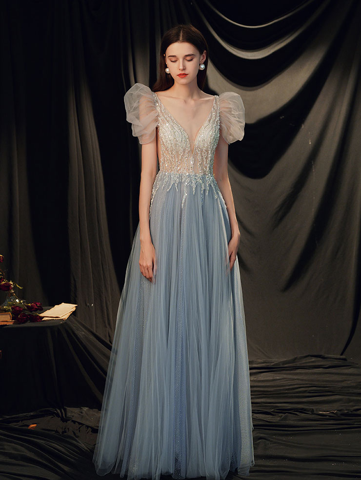 Gray Blue V Neck Tulle Sequin Long Prom Dress, Gray Blue Evening Dress