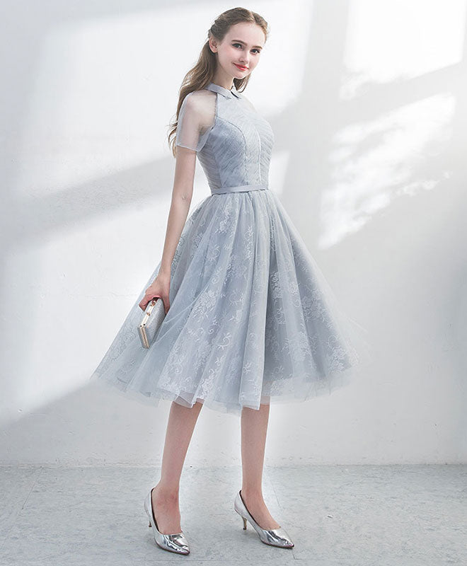 A-Line Gray Tulle Lace Short Prom Dress, Gray Homecoming Dress