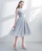 Unique Gray Tulle Lace Short Prom Dress, Gray Homecoming Dress