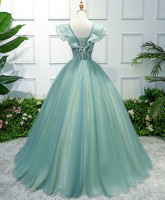 Green V Neck Tulle Long Prom Dress, Green Evening Dress