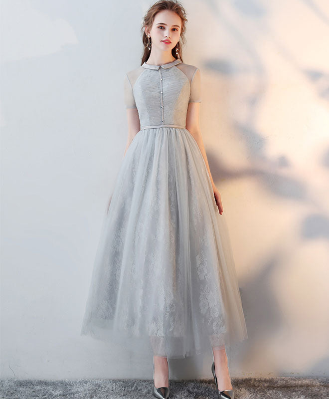 Gray High Neck Tulle Lace Prom Dress Tulle Lace Evening Dress