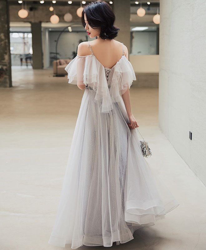 Elegant Off Shoulder Tulle Long Prom Dress, Tulle Evening Dress