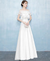 White A-Line Lace Satin Long Prom Dress, White Evening Dress