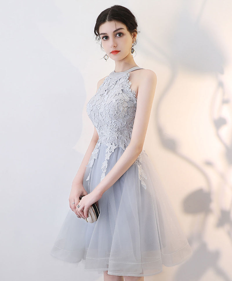 Gray Lace Tulle Short Prom Dress Gray Tulle Lace Homecoming Dress