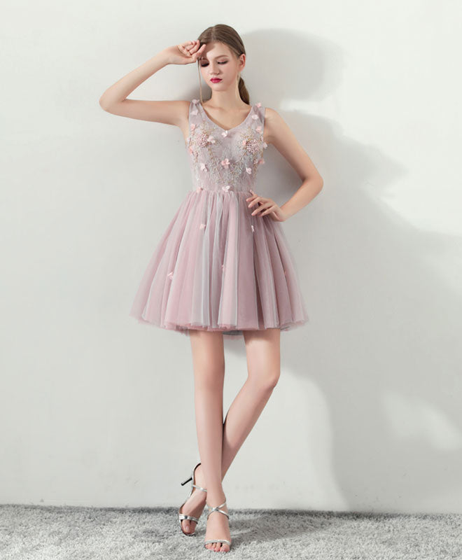 Cute V Neck Tulle Short Prom Dress, Pink Homecoming Dress