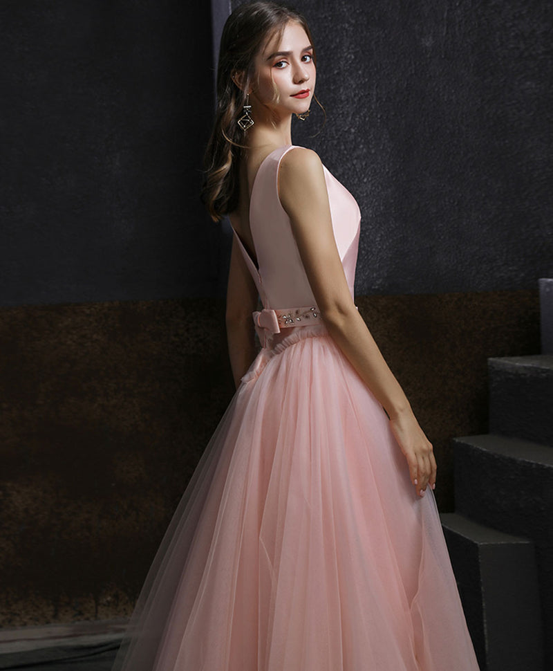 Aline Round Neck Tulle Short Pink Prom Dress, Aline Pink Tulle Bridesmaid Dress
