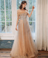 Champagne Tulle Sequin Long Prom Dress Tulle Formal Dress
