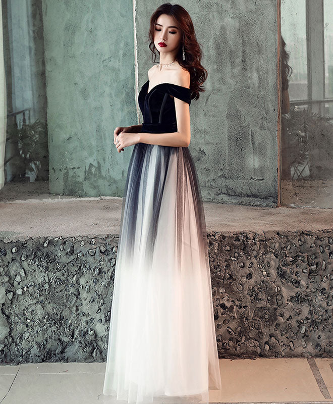 Simple Tulle Off Shoulder Black Long Prom Dress, Black Tulle Evening Dress