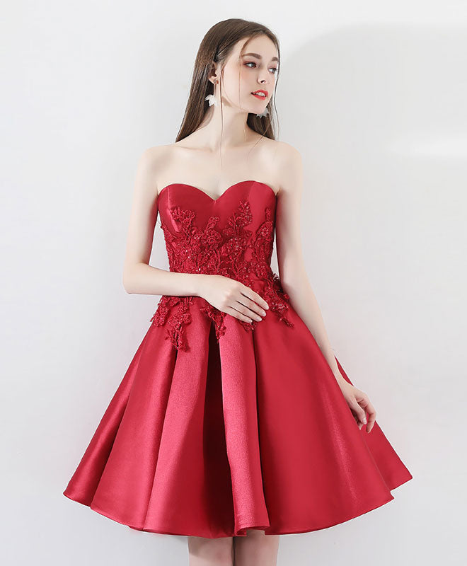 Burgundy Lace Short Prom Dress, Burgundy Homecoming Dress