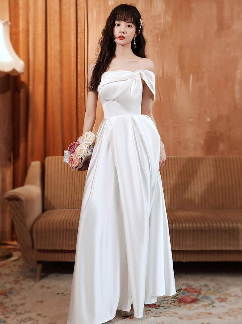 White A line Satin Long Prom Dress, White Satin Long Formal Evening Dress