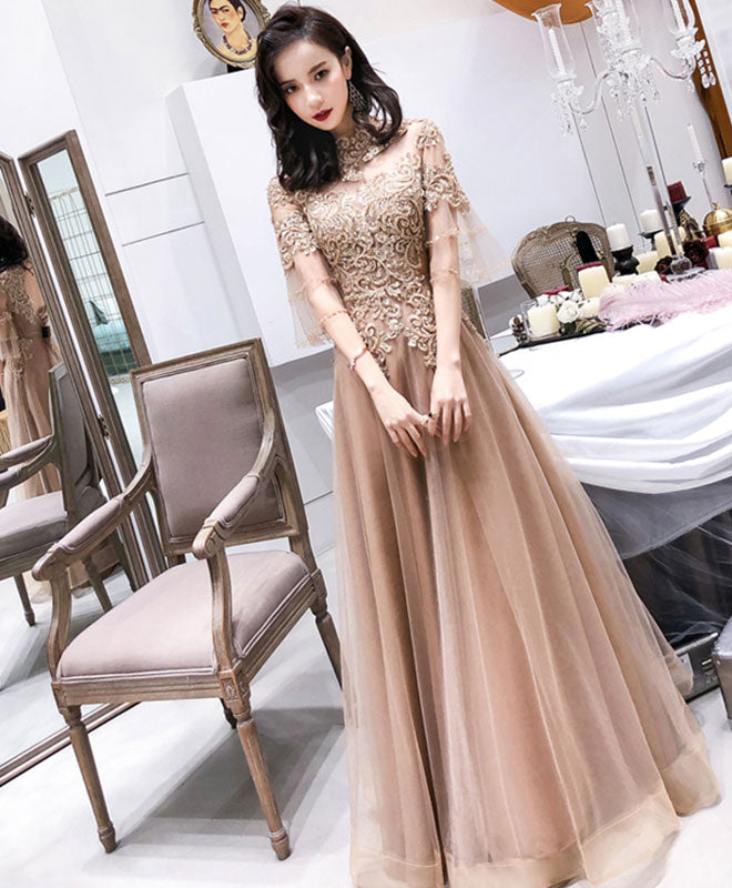 Champagne High Neck Tulle Lace Long Prom Dress, Champagne Evening Dress