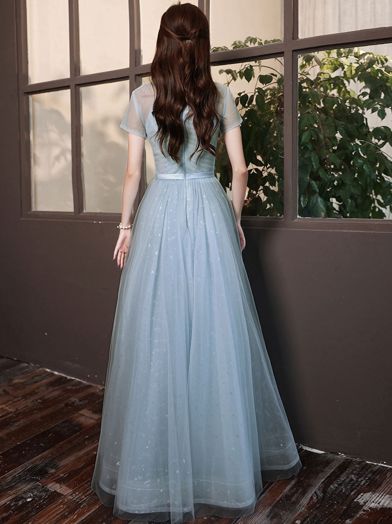 Blue A-line Tulle Long Prom Dress, Tulle Evening Dress