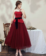 Simple Burgundy Tulle Tea Length Short Prom Dress Bridesmaid Dress