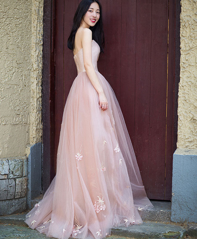 Simple Pink Tulle Long Prom Dress, Pink Tulle Formal Dress