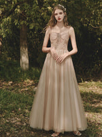 Champagne Tulle Lace Tea Length Prom Dress, Tulle Lace Evening Dress