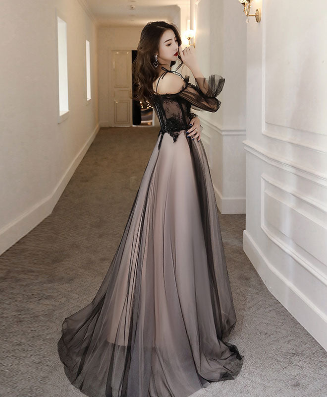 Black Tulle A Line Lace Long Prom Dress Tulle Lace Formal Dress