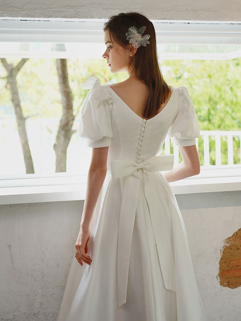 White V Neck Short Prom Dress, White Bridesmaid Dress – shopluu