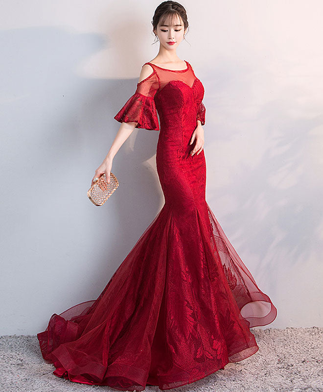 Burgundy Round Neck Tulle Lace Mermaid Long Prom Dress, Evening Dress US 8 / Burgundy Burgundy Round Neck Tulle Lace Mermaid Long Prom Dress, Evening Dress US 8 / Burgundy