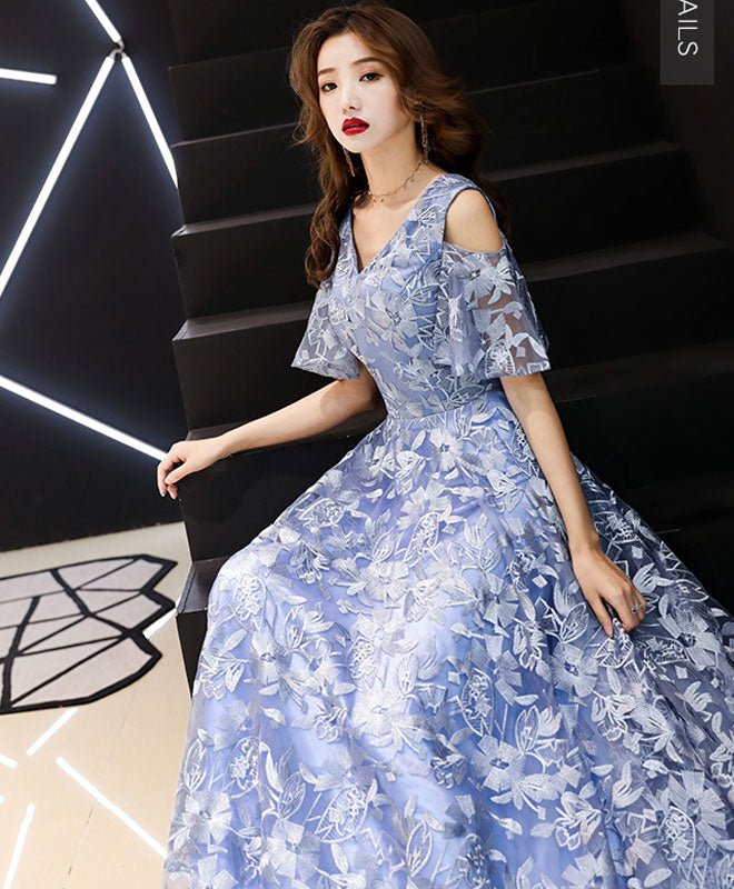 Blue V Neck Lace Long Prom Dress, Blue Evening Dress