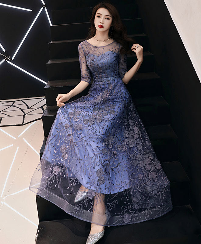 Blue Round Neck Tulle Lace Long Prom Dress, Lace Evening Dress – shopluu
