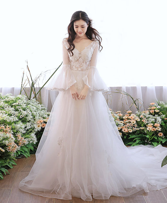 White V Neck Tulle Lace Long Prom Dress, White Evening Dress