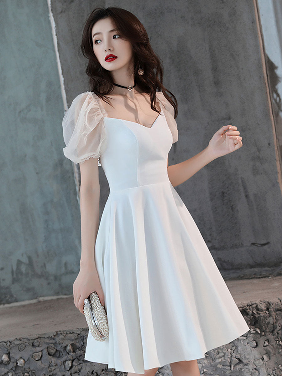 White Satin Short Prom Dress, White Homecoming Dress