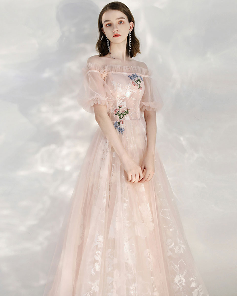 Pink Tulle Lace Off Shoulder Long Prom Dress Tulle Lace Evening Dress