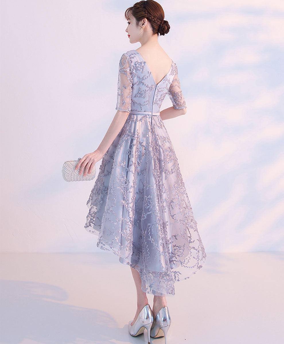 Gray Lace High Low Prom Dress Fray Lace Cocktail Dress, Gray Homecoming Dress