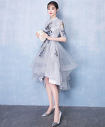 Cute Gray Tulle Lace Applique High Low Prom Dress, Gray Homecoming Dress