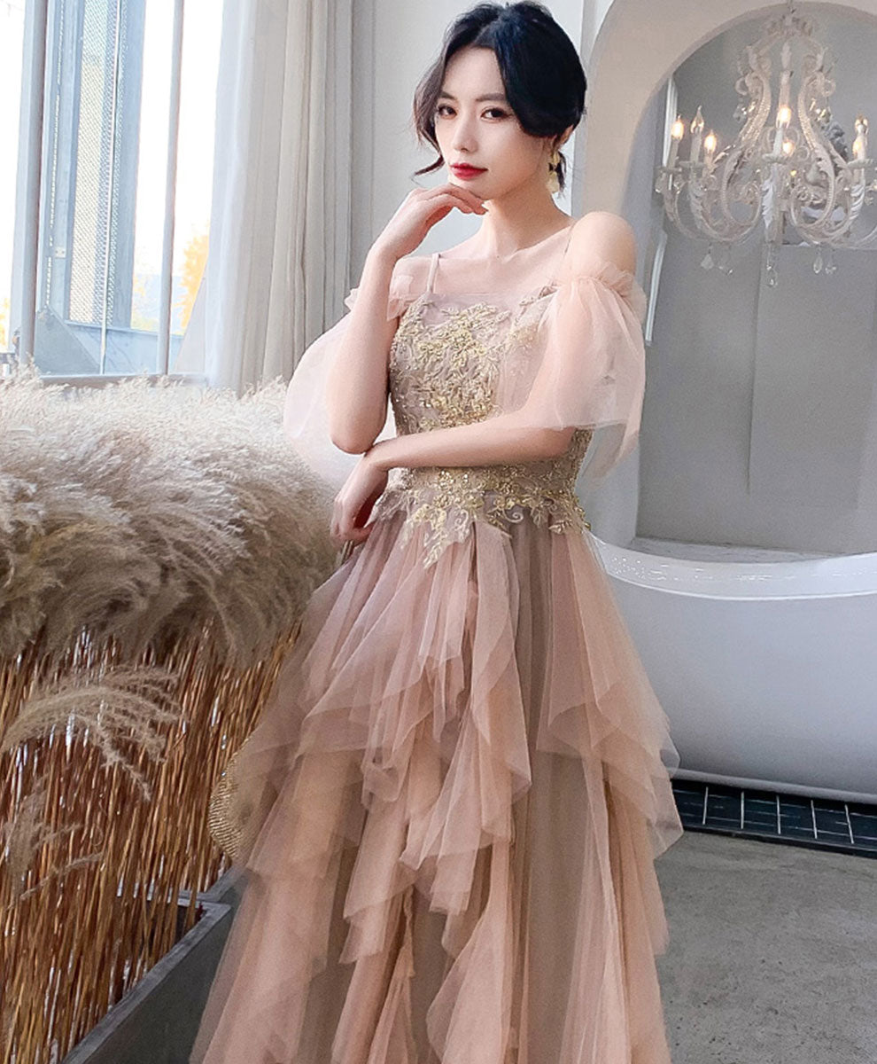 Champagne Tulle Lace Long Prom Dress Tulle Lace Evening Dress